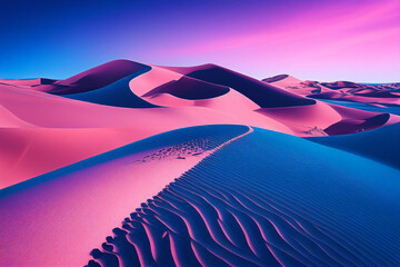 Light pink sand dunes contrast with a deep blue sky. Sky contrasts against a backdrop of sand dunes in the desert, with Minimal abstract background, generative ai