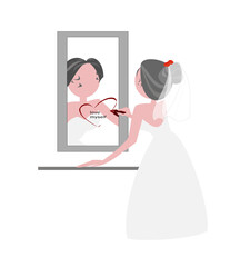 Illustration woman character love myself concept on isolate white background.Bride standing in front of the mirror using lipstick to draw a heart  shape.Woman Day.