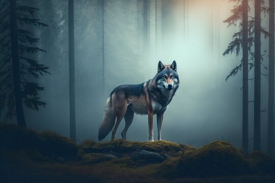 image, mystic wolf in the forest, generative ai
