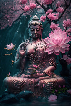 This image shows an epic bodhisattva statue with a serene sunset in the background.