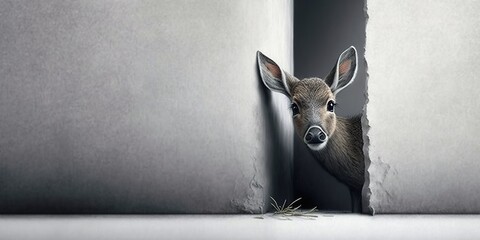 Shy deer peeks around corner on plain gray background, concept of Camouflage and Curiosity, created with Generative AI technology