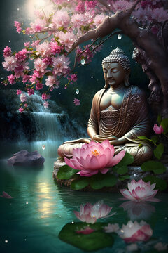 Cherry blossoms and cloud shaped Niwaki tree in the Buddhist Togakuji temple adorned with a golden statue of buddha Dainichi and a stone statue of bodhisattva Monju.