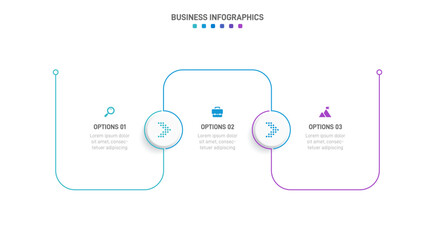Timeline infographic with infochart. Modern presentation template with 3 spets for business process. Website template on white background for concept modern design. Horizontal layout.