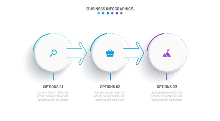 Timeline infographic with infochart. Modern presentation template with 3 spets for business process. Website template on white background for concept modern design. Horizontal layout.