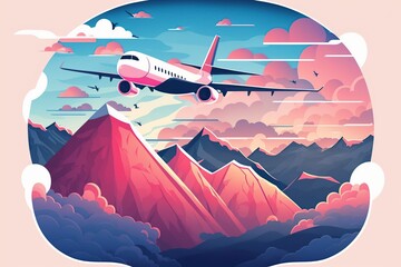 illustration cartoon, plane flying in clouds over the mountain, ai generative