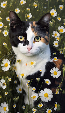 a calico cat with unique markings sitting in some wild flowers - generative ai