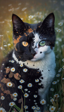 a calico cat with unique markings sitting in some wild flowers - generative ai