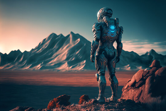 A cyborg stands on a mountain top and gazes at the horizon on an extraterrestrial planet, generative AI illustration