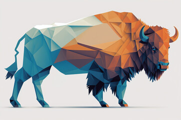 Obraz premium Geometric art of a bison with a modern and stylized design featuring orange and blue tones on a white background
