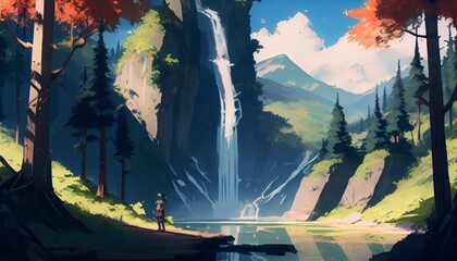 Beautiful Chasing Waterfalls and Soaking in the Sunshine: Spring Landscapes for Adventure Seekers, anime style generative ai