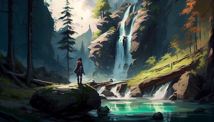 Beautiful Chasing Waterfalls and Soaking in the Sunshine: Spring Landscapes for Adventure Seekers, anime style generative ai