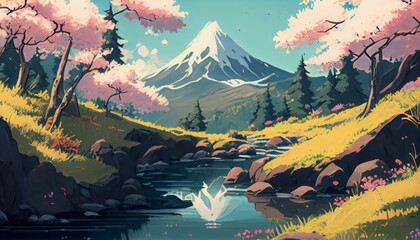 Fototapeta na wymiar Beautiful Chasing Waterfalls and Soaking in the Sunshine: Spring Landscapes for Adventure Seekers, anime style generative ai