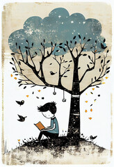 Illustration of Child Reading Book Under Tree. Generative ai