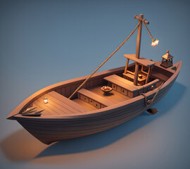 Small wooden fisherboat, 3d isometric reference model, AI generated - obrazy, fototapety, plakaty
