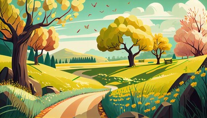 Spring Awakening: A Journey through Fresh Landscapes, vector style generative ai