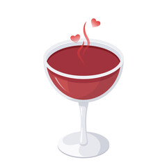 Love potion in glass. Red cocktail in a coupe glass. Valentine's day. The drink that makes you fall in love with yourself. Magic elixir. Vector illustration in flat cartoon style.