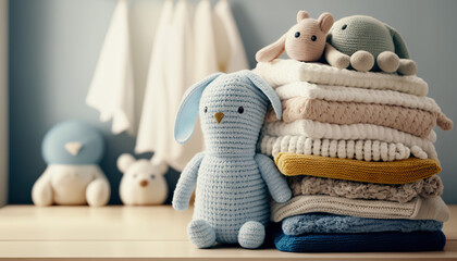 Stack of folded wool knitted baby clothes and accessories. Generative AI