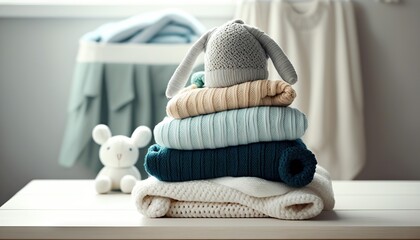 Stack of folded wool knitted baby clothes and accessories. Generative AI - 572086364