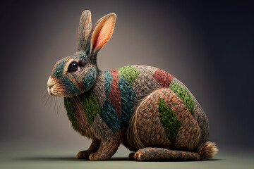 a cute bunny rabbit with hair colored as liberty fabric patchwork, generative ai illustration, 