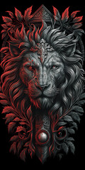 black and white lion illustration, ideal for shirts and tattoo, generative ai