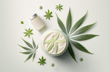 Fototapeta na wymiar Flat lay composition with hemp leaves, cosmetic products, face cream, body butter on white background. Top view. Natural skin care concept. Generative AI