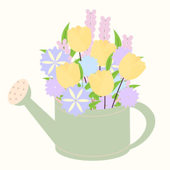 Various beautiful flower bouquets in a watering can. Spring elements