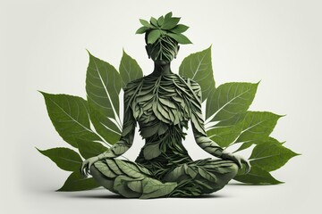 Female made of green leaves in the form of lotus yoga, concept of Nature and Meditation, created with Generative AI technology - obrazy, fototapety, plakaty
