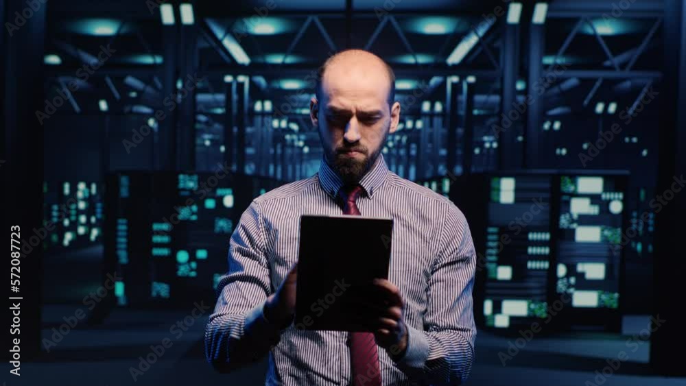 Poster it manager technical support operator checking big data in server room, planning digitalization. sup
