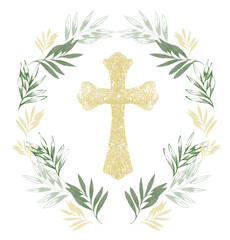 Graphic Easter Cross Clipart, Spring Floral Arrangements, Vintage Baptism Crosses DIY Invitation, Eucaliptus Greenery wedding clipart, Retro style Golden frame and foliage, Holy Spirit, Religious - 572087711