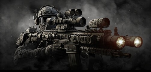 a soldier with her massive gun weapon by ai generative