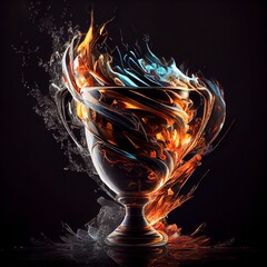 Winner cup in the clash of ice and fire on black background. Fire flames and crystal texture. Ai generated blue and orange illustration of a Winner cup in ice and fire.