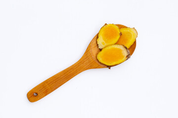 Phlai slices, Cassumumr ginger or zingiber montanum on white background.