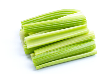 Fresh celery on white background. Top view