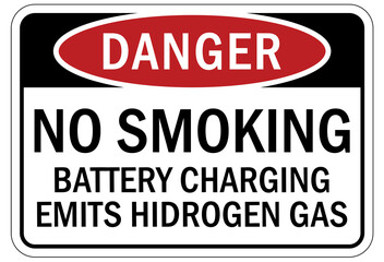 Hydrogen chemical warning sign and labels no smoking, battery charging emits hydrogen gas