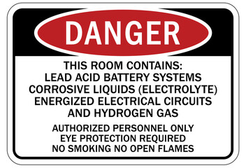 Hydrogen chemical warning sign and labels this room contains lead acid battery system corrosive liquid (electrolyte) energized electrical circuits and hydrogen gas