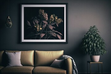 Living room interior, frame on wall, modern, clean. Created with generative AI technology	