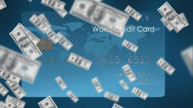 Animation of dollar bills falling over blue credit card, on dark blue background
