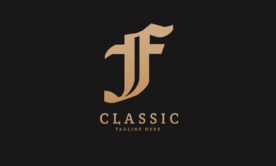 Alphabet F illustration monogram logo template in silver color and black background