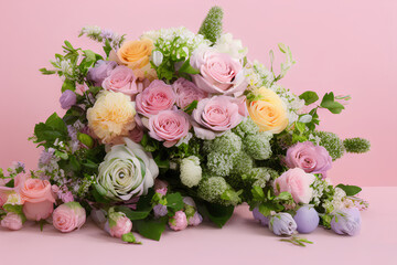 arrangement of flowers and plants carefully positioned on a surface, assorted flowers, light pink background. Generative AI
