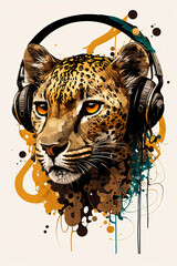Cartoon leopard head with headphones. Generative AI