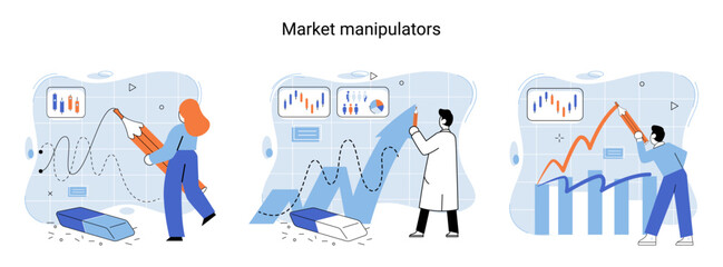 Stock market manipulation concepts set, change business graph indicator, influence crypto currency price for benefit or profit. Character analyzing stock market data to control financial graphic chart