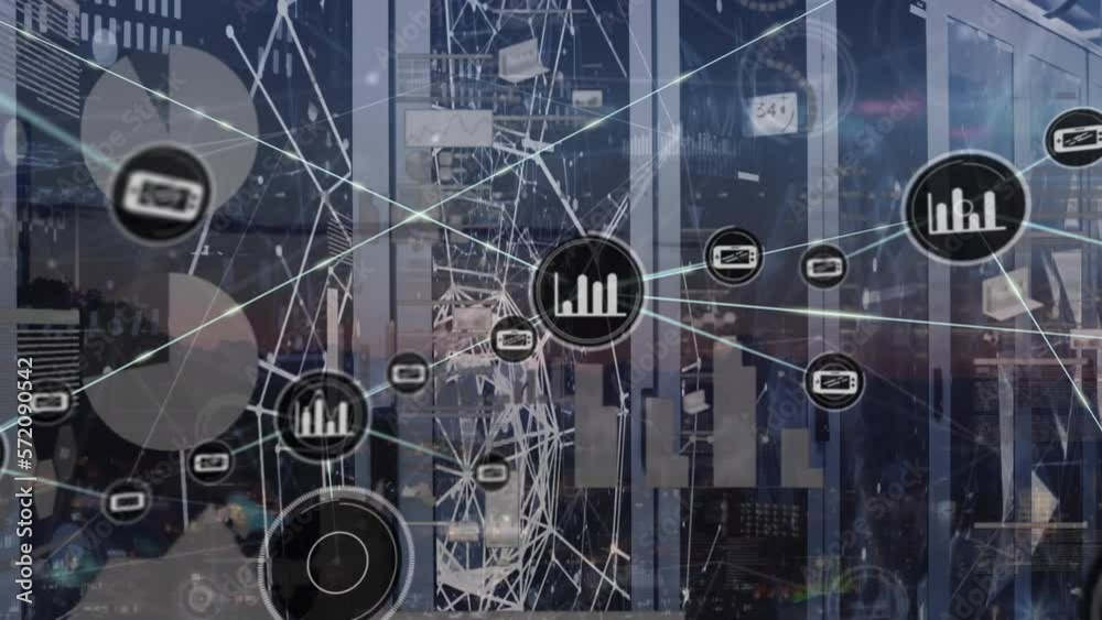 Poster animation of network of digital icons, data processing and plexus networks against server room