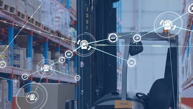 Animation of network of digital icons against close up of forklift machine at warehouse