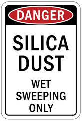 Silica dust hazard chemical warning sign and labels wet sweeping only