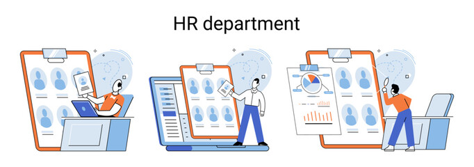 HR department, headhunter job, selection interview scenes set. Employer selects applicant candidates for work or study. Specialist engaged in selection, adaptation, dismissal, development of personnel