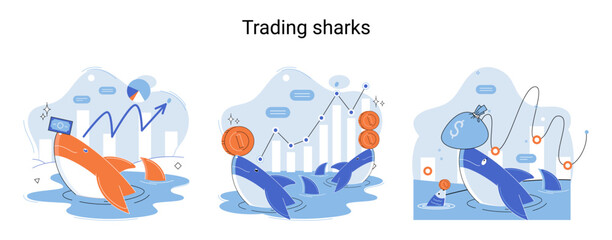 Shark emerges from water and holds gold coins on its nose. Trading hamsters and whale metaphor set. Fake data for business valuation. Inexperienced investor, bad investment, experienced traders