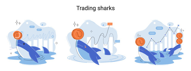 Shark emerges from water and holds gold coins on its nose. Trading hamsters and whale metaphor set. Fake data for business valuation. Inexperienced investor, bad investment, experienced traders