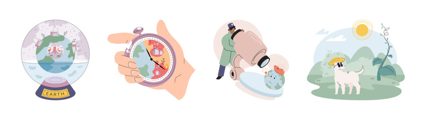 Global warming. High temperature and hot weather Earth. Climate change concept. Hot melt planet earth. Global warming heating impact. Tiny people. Raising global temperature. People energy use planet