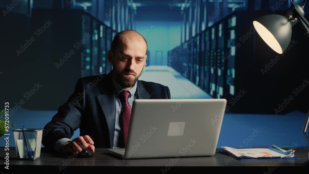Poster system administrator working in data center render farm, creating cloud computing service for innova