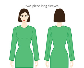 Two-piece sleeves long length clothes character beautiful lady in green top, shirt, dress technical fashion illustration, fitted body. Flat apparel template front, back. Women, men unisex CAD mockup